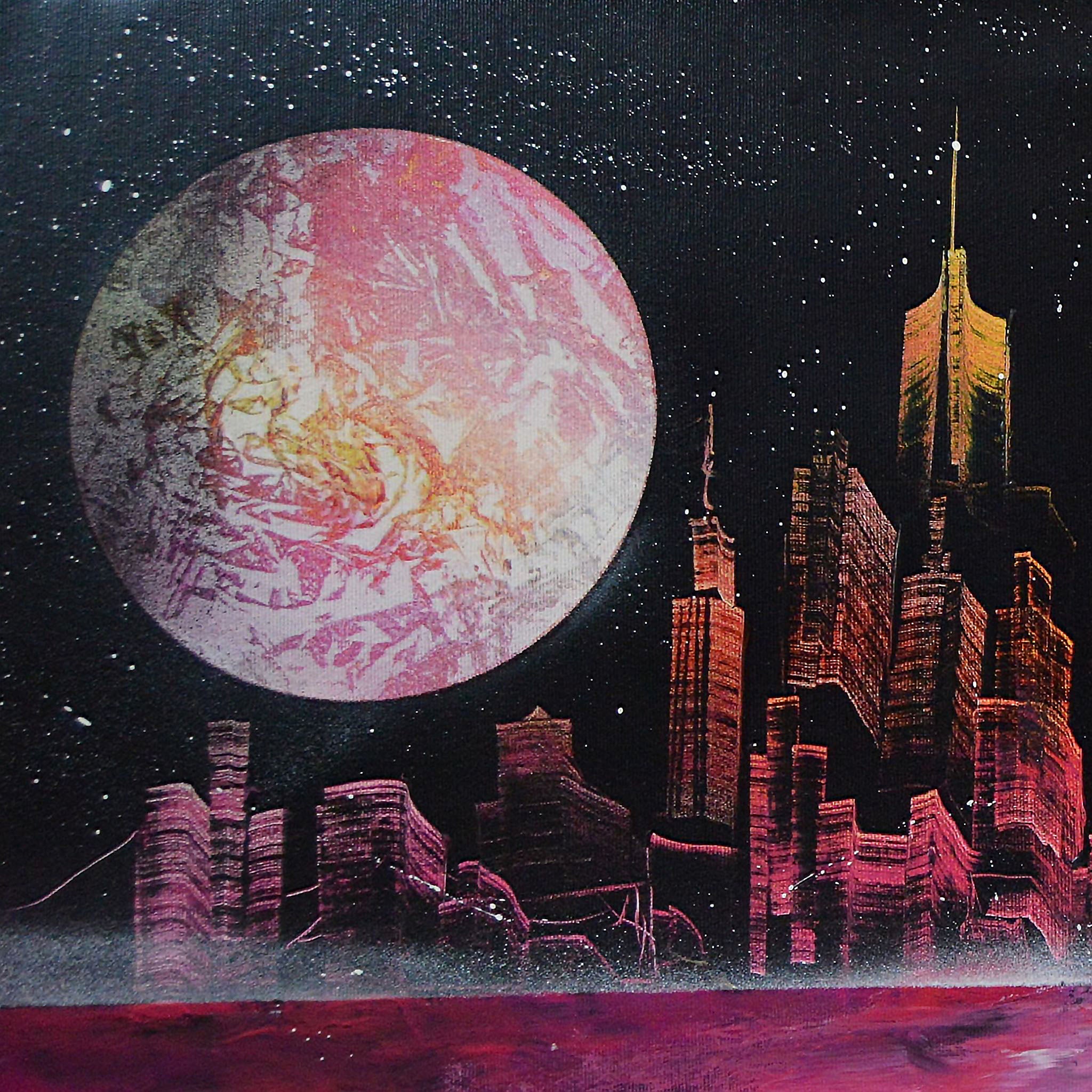 Planet in magenta-gelb illuminiert eine die Gebäude einer modernen Großstadt.  Paradise City 2 - Gemälde (100x40cm/40x16'',) - GruemArt